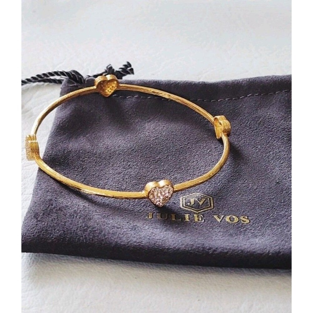 Julie Vos Clear CZ Four Station Pave Heart Bangle Bracelet 24k Plated 7.5"